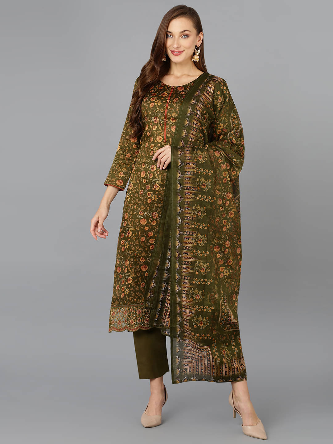 Vaamsi Silk Blend Printed Kurti With Pants Women's Stitched Salwar Suit - Olive ( Pack of 1 ) Vaamsi Silk Blend Printed Kurti With Pants Women's Stitched Salwar Suit - Olive ( Pack of 1 )
