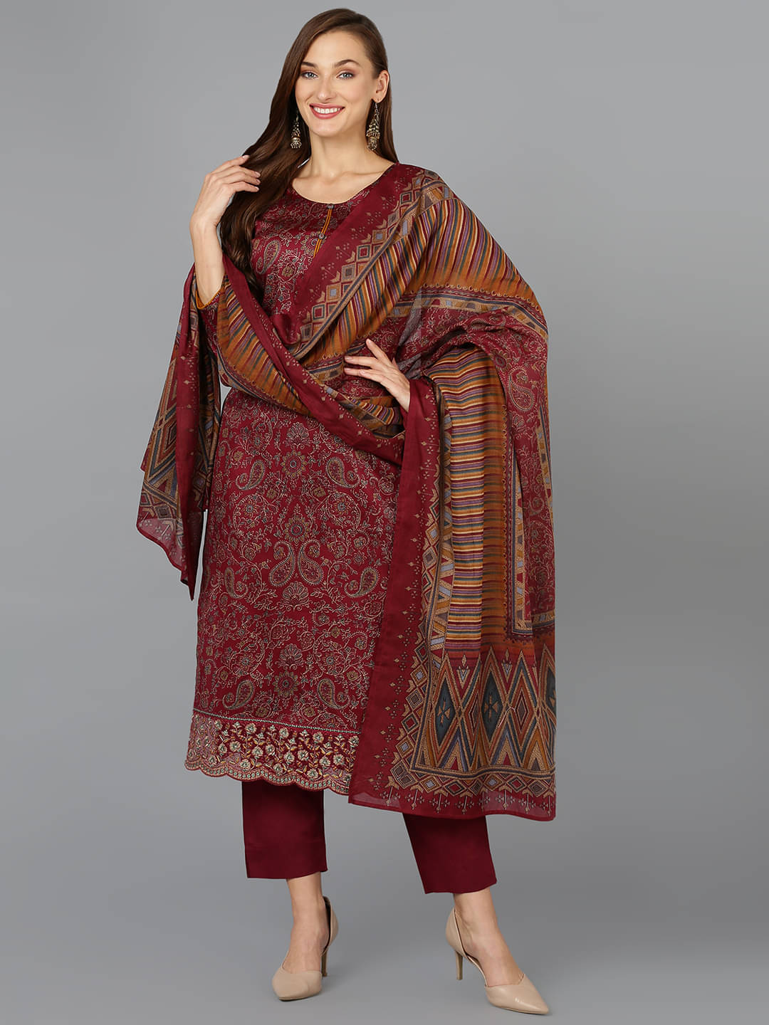 Vaamsi Silk Blend Printed Kurti With Pants Women's Stitched Salwar Suit - Maroon ( Pack of 1 )     			Vaamsi Silk Blend Printed Kurti With Pants Women's Stitched Salwar Suit - Maroon ( Pack of 1 )