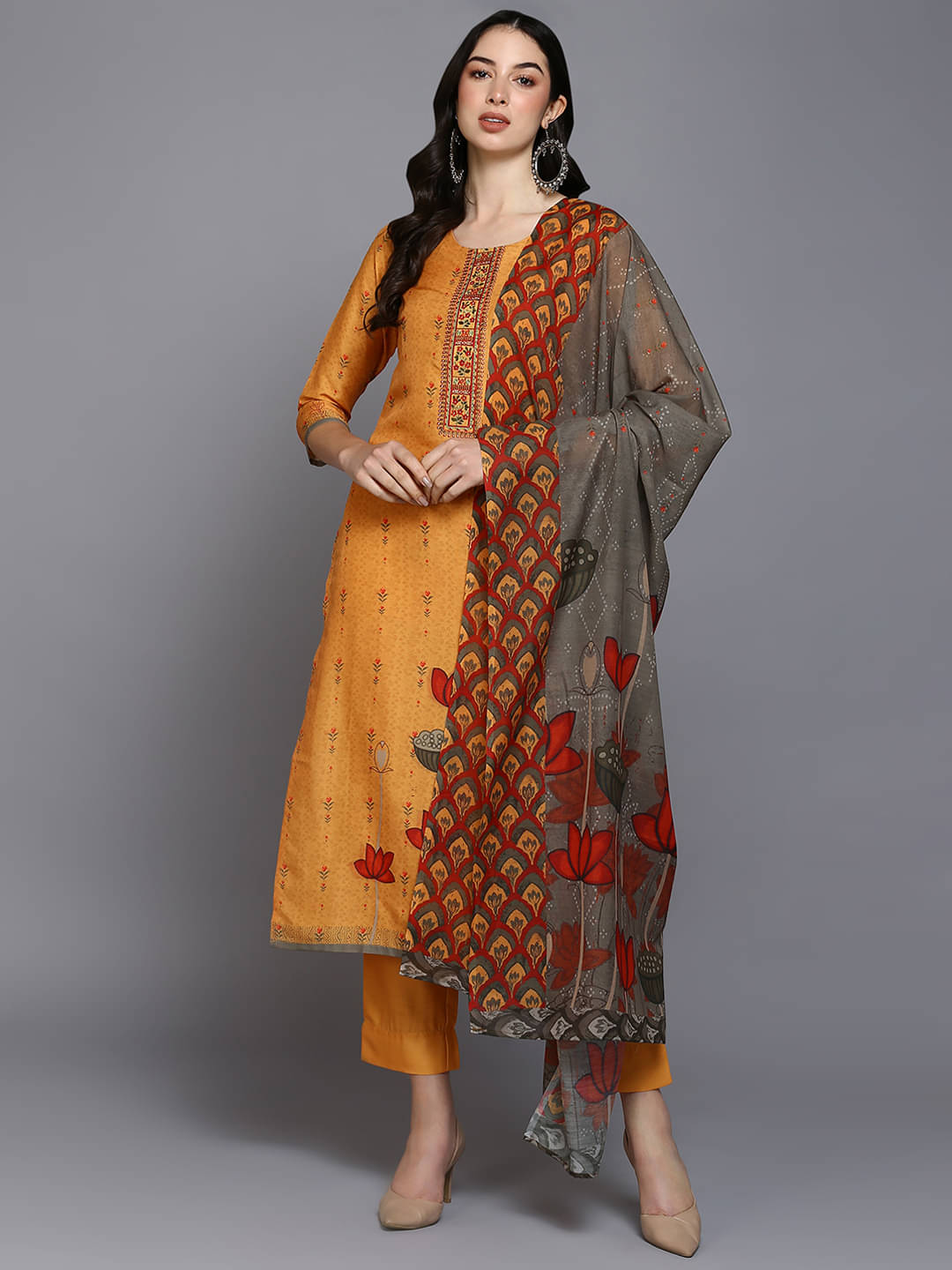     			Vaamsi Silk Blend Printed Kurti With Pants Women's Stitched Salwar Suit - Orange ( Pack of 1 )