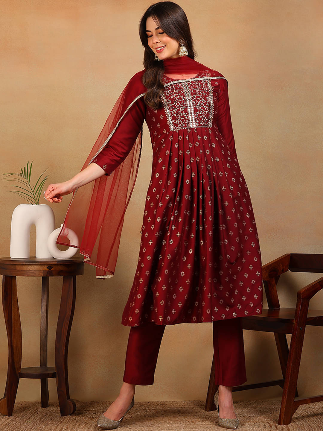 Vaamsi Silk Blend Self Design Kurti With Pants Women's Stitched Salwar Suit - Maroon ( Pack of 1 ) Vaamsi Silk Blend Self Design Kurti With Pants Women's Stitched Salwar Suit - Maroon ( Pack of 1 )