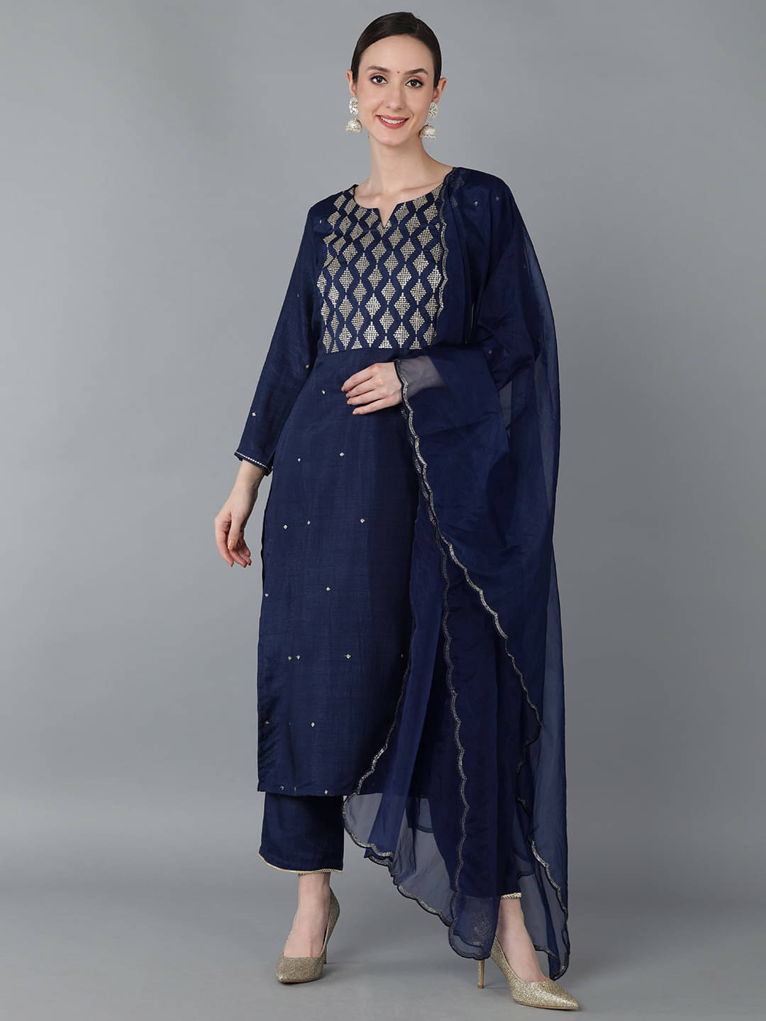     			Vaamsi Silk Blend Self Design Kurti With Pants Women's Stitched Salwar Suit - Navy Blue ( Pack of 1 )