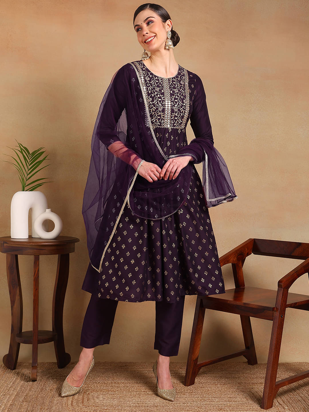 Vaamsi Silk Blend Printed Kurti With Pants Women's Stitched Salwar Suit - Purple ( Pack of 1 )     			Vaamsi Silk Blend Printed Kurti With Pants Women's Stitched Salwar Suit - Purple ( Pack of 1 )