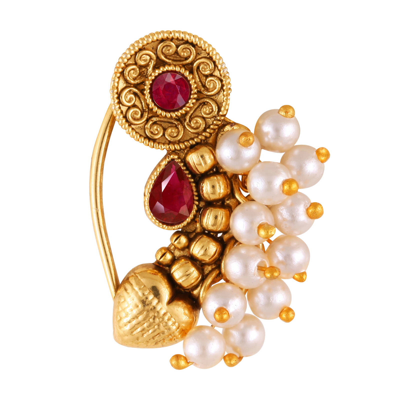     			Vivastri Premium Gold Plated Nath Collection  With Beautiful & Luxurious Red Diamond Pearl Studded Maharashtraian Nath For Women & Girls-VIVA1174NTH-Press-Red