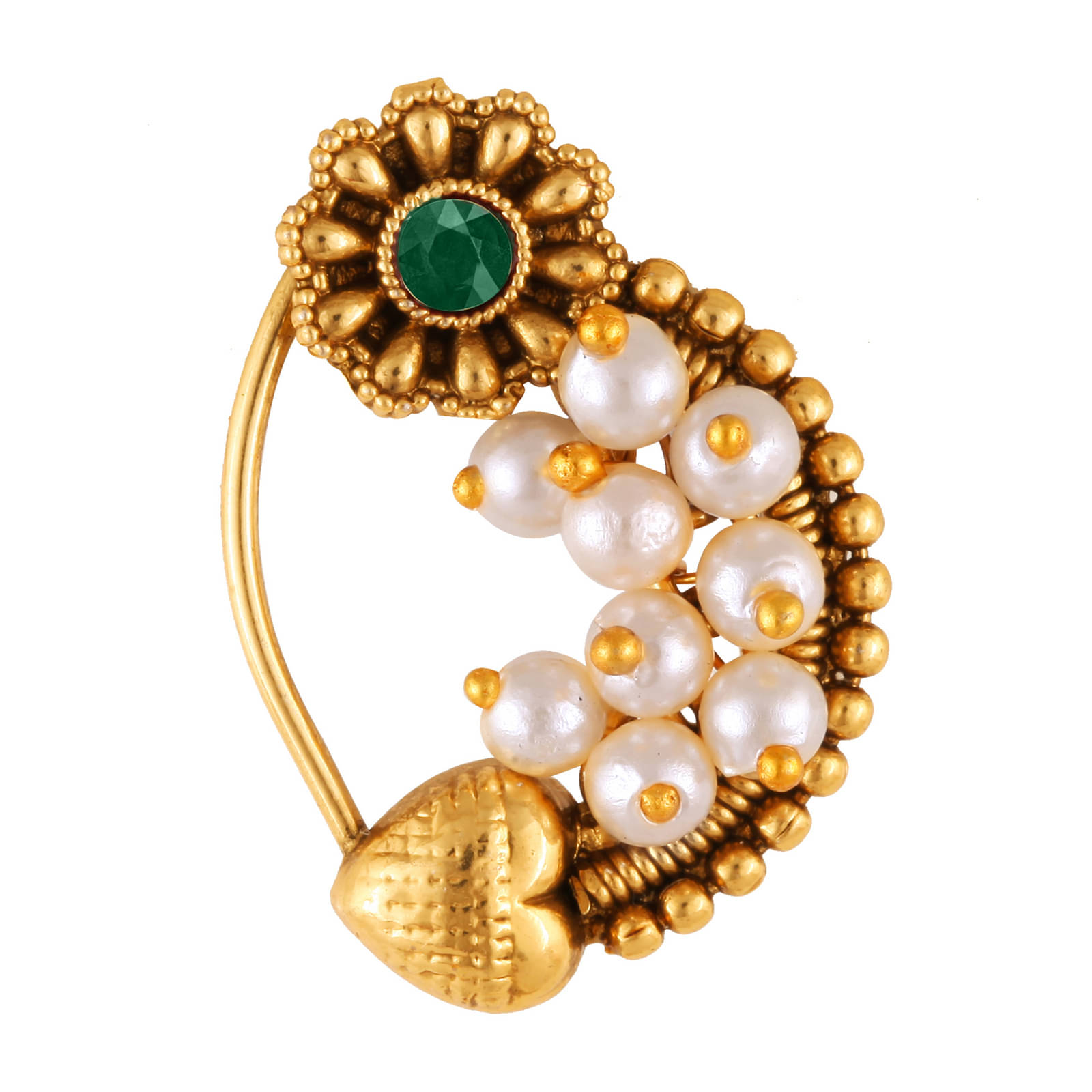     			Vivastri Premium Gold Plated Nath Collection  With Beautiful & Luxurious Green Diamond Pearl Studded Maharashtraian Nath For Women & Girls-VIVA1177NTH-Press-Green