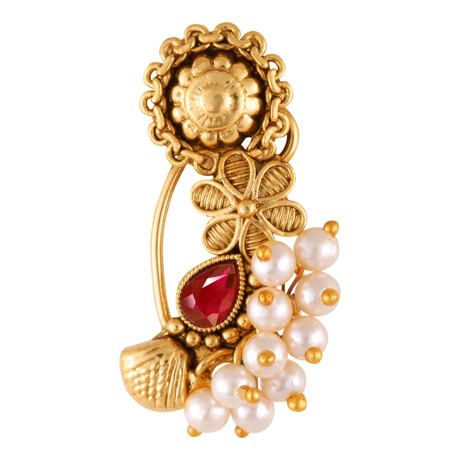 Vivastri Premium Gold Plated Nath Collection With Beautiful & Luxurious Red Diamond Pearl Studded Maharashtraian Nath For Women & Girls-VIVA1175NTH-Press-Red Vivastri Premium Gold Plated Nath Collection With Beautiful & Luxurious Red Diamond Pearl Studded Maharashtraian Nath For Women & Girls-VIVA1175NTH-Press-Red