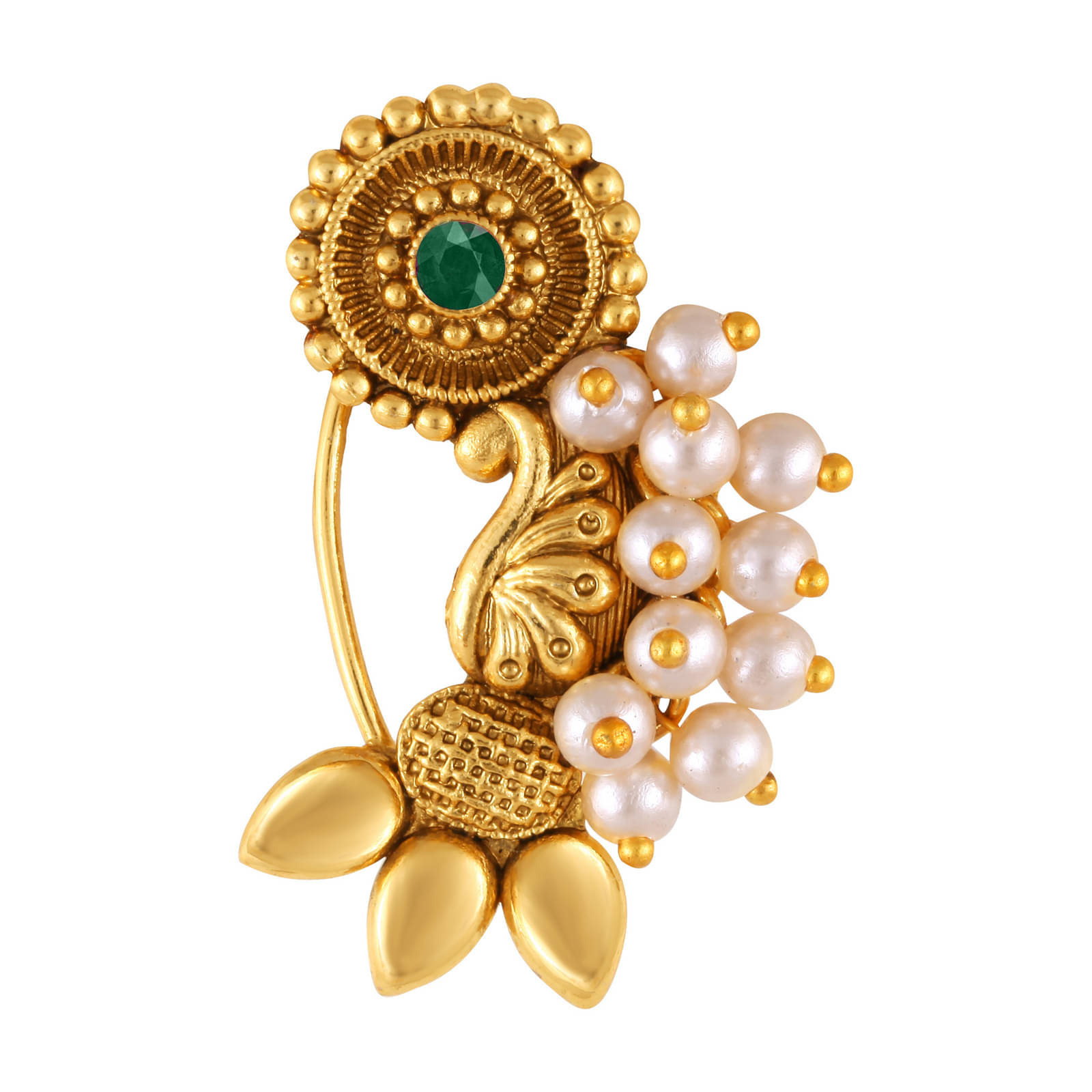 Vivastri Premium Gold Plated Nath Collection  With Beautiful & Luxurious Green Diamond Pearl Studded Maharashtraian Nath For Women & Girls-VIVA1172NTH-Press-Green     			Vivastri Premium Gold Plated Nath Collection  With Beautiful & Luxurious Green Diamond Pearl Studded Maharashtraian Nath For Women & Girls-VIVA1172NTH-Press-Green