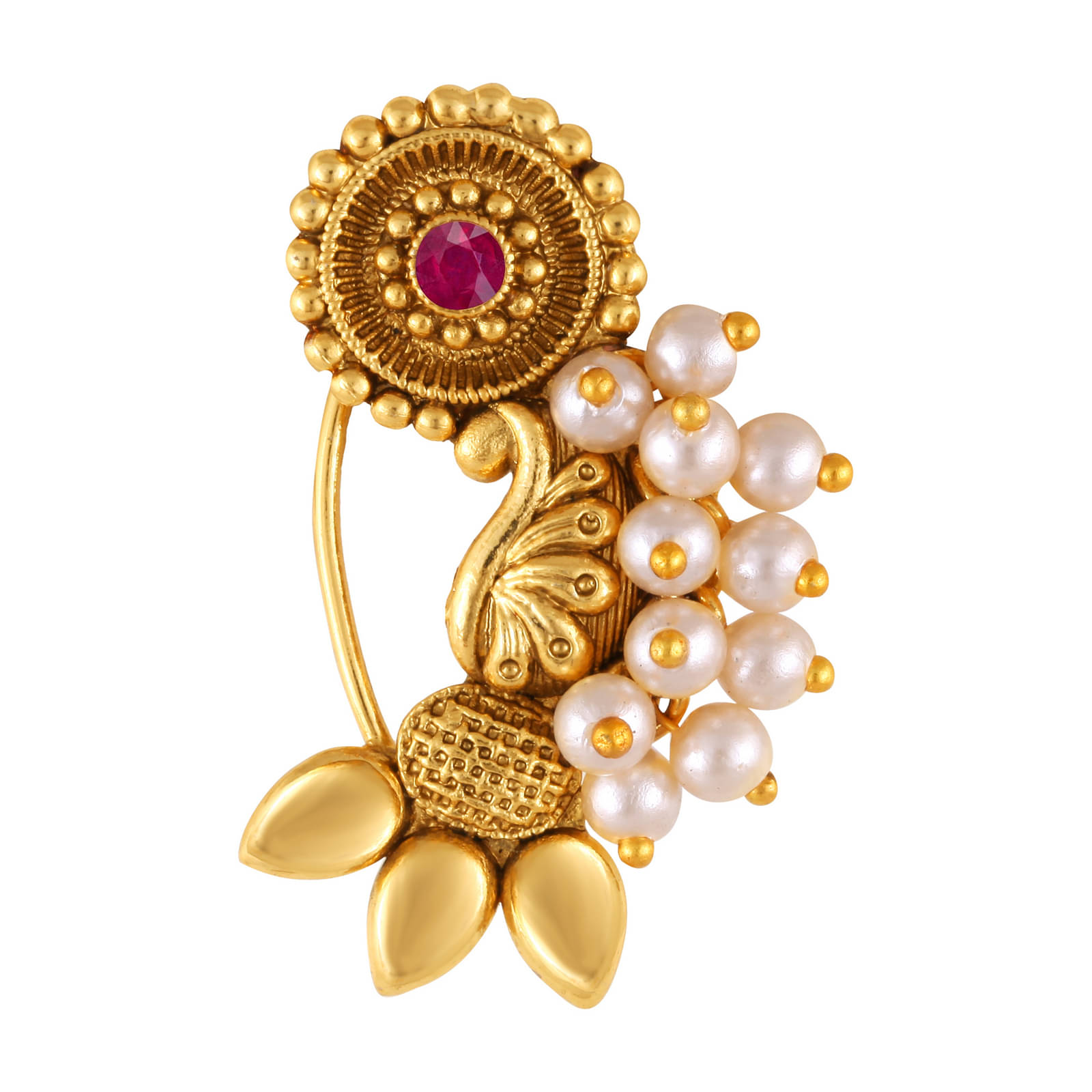 Vivastri Premium Gold Plated Nath Collection With Beautiful & Luxurious Red Diamond Pearl Studded Maharashtraian Nath For Women & Girls-VIVA1172NTH-Press-Red Vivastri Premium Gold Plated Nath Collection With Beautiful & Luxurious Red Diamond Pearl Studded Maharashtraian Nath For Women & Girls-VIVA1172NTH-Press-Red