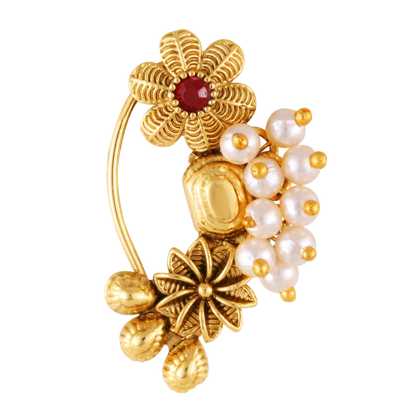 Vivastri Premium Gold Plated Nath Collection  With Beautiful & Luxurious Red Diamond Pearl Studded Maharashtraian Nath For Women & Girls-VIVA1169NTH-Press-Red     			Vivastri Premium Gold Plated Nath Collection  With Beautiful & Luxurious Red Diamond Pearl Studded Maharashtraian Nath For Women & Girls-VIVA1169NTH-Press-Red
