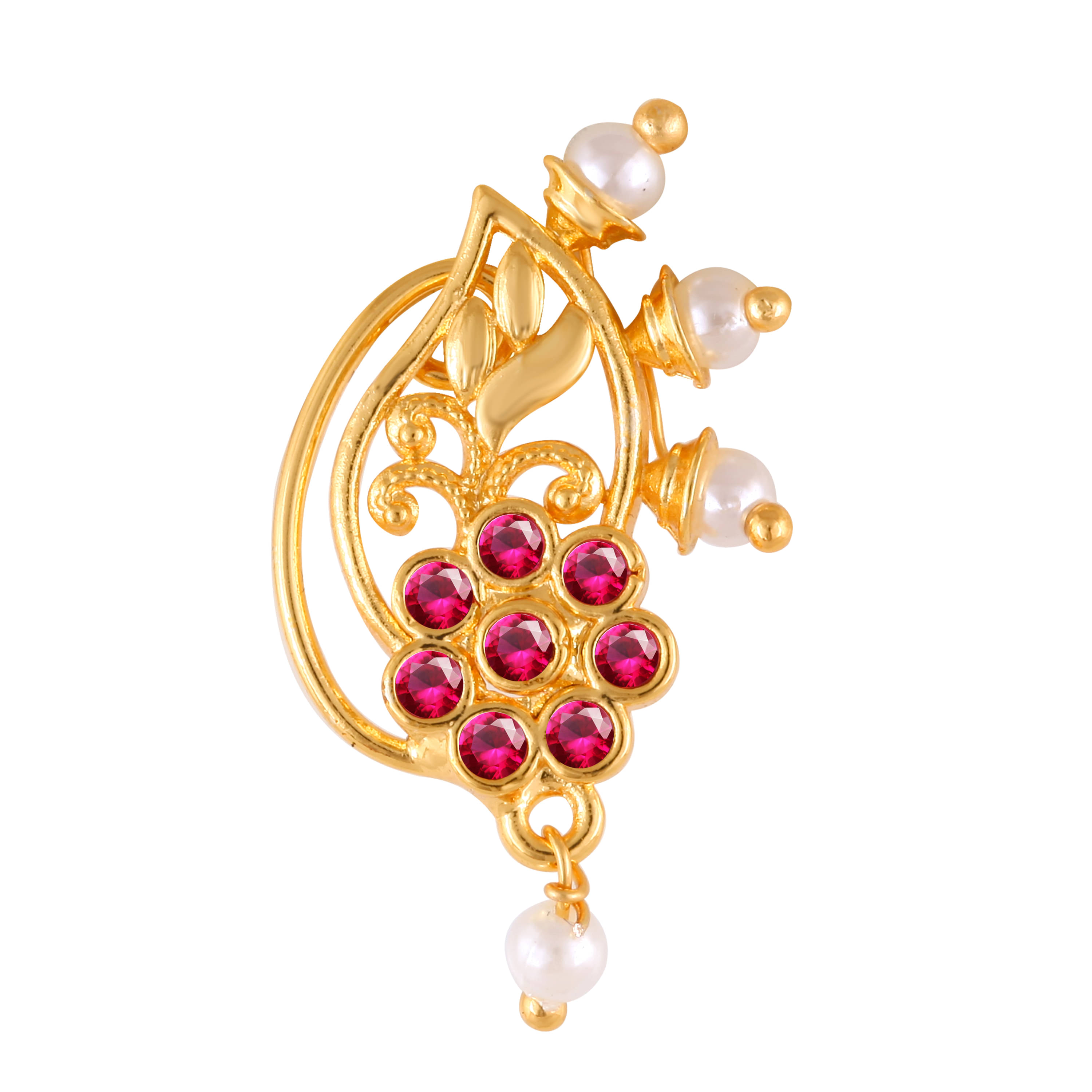 Vivastri Premium Gold Plated Nath Collection With Beautiful & Luxurious Red Diamond Pearl Studded Maharashtraian Nath For Women & Girls-VIVA1159NTH-Press Vivastri Premium Gold Plated Nath Collection With Beautiful & Luxurious Red Diamond Pearl Studded Maharashtraian Nath For Women & Girls-VIVA1159NTH-Press