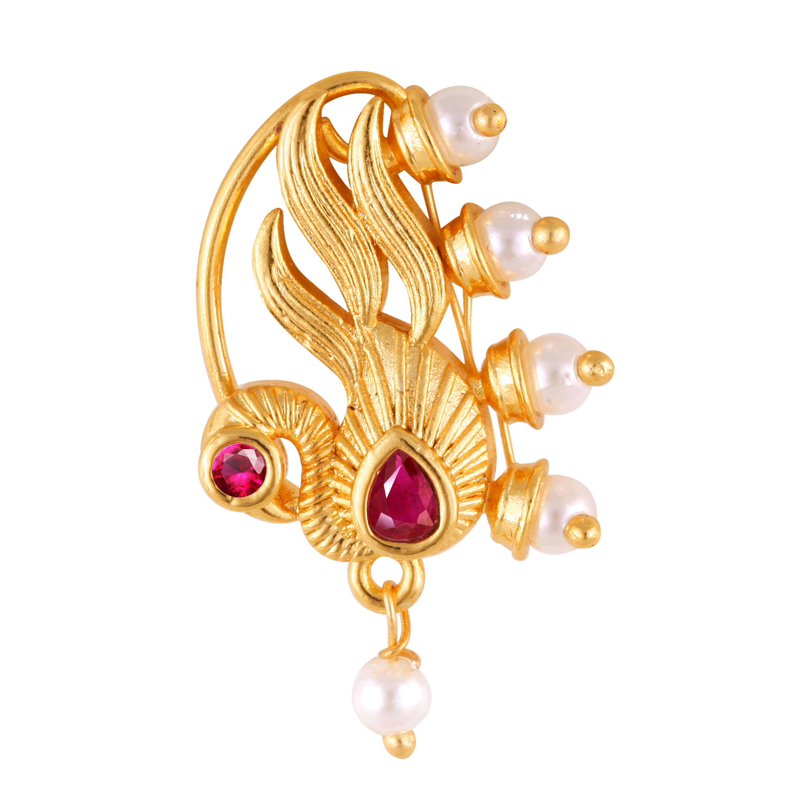 Vivastri Premium Gold Plated Nath Collection With Beautiful & Luxurious Red Diamond Pearl Studded Maharashtraian Nath For Women & Girls-VIVA1151NTH-Press Vivastri Premium Gold Plated Nath Collection With Beautiful & Luxurious Red Diamond Pearl Studded Maharashtraian Nath For Women & Girls-VIVA1151NTH-Press