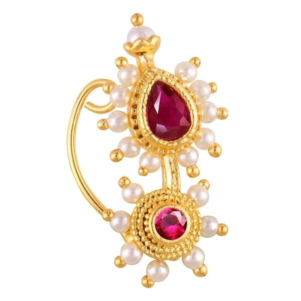    			Vivastri Premium Gold Plated Nath Collection  With Beautiful & Luxurious Red Diamond Pearl Studded Maharashtraian  Nath For Women & Girls-VIVA1165NTH-Press-Moti
