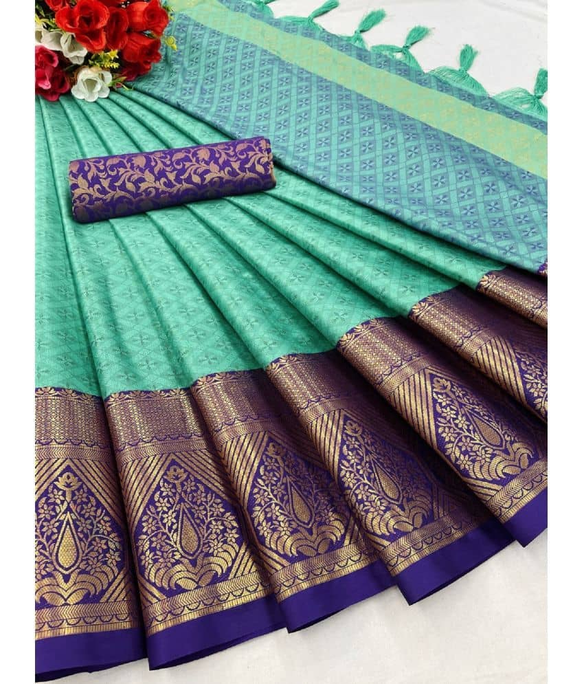 A TO Z CART Cotton Silk Embellished Saree With Unstitched Blouse Piece ( Blue ) - Sarees | Buy online on ZillyBuy