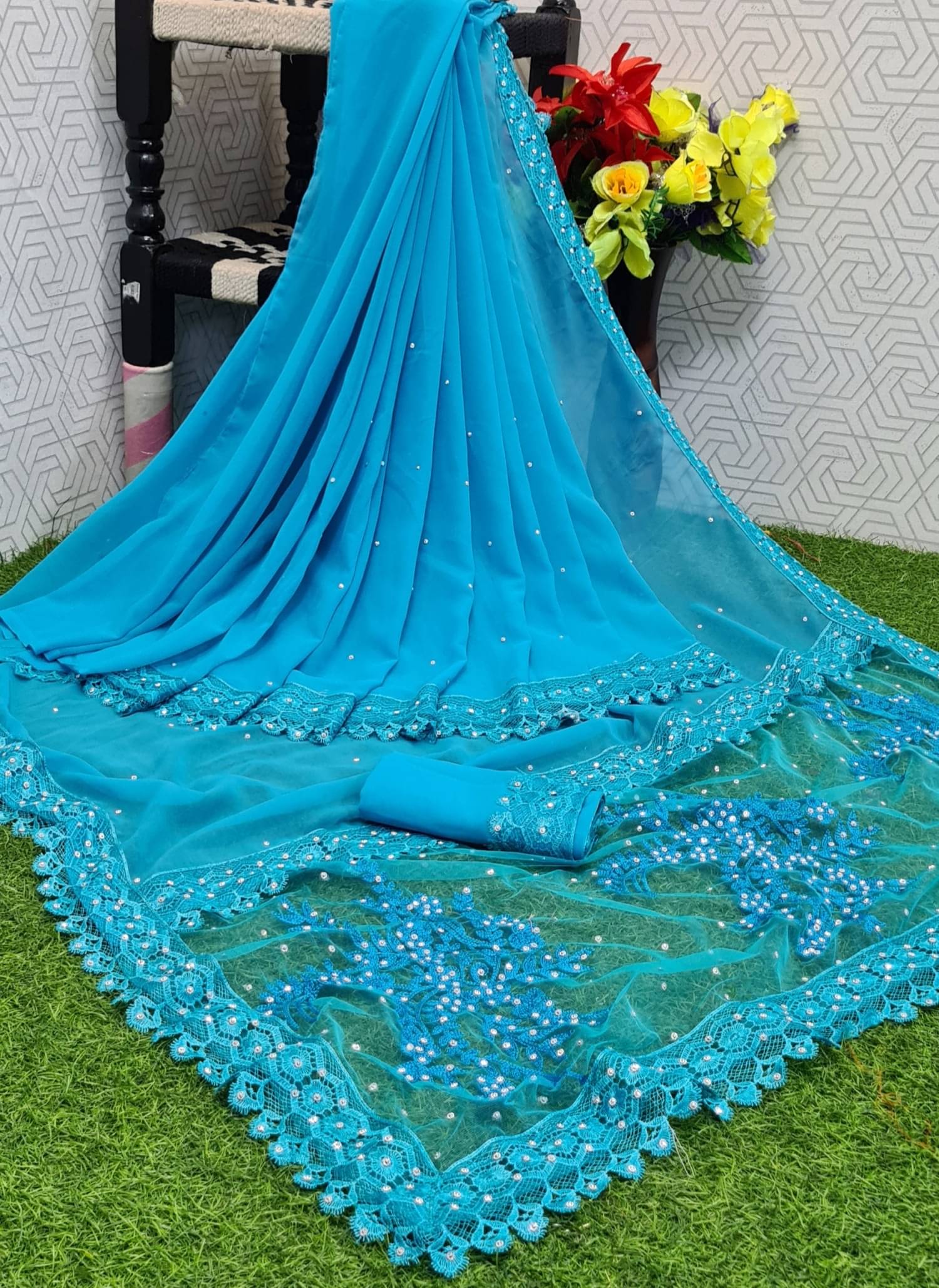 A TO Z CART Georgette Embellished Saree With Unstitched Blouse Piece ( SkyBlue ) A TO Z CART Georgette Embellished Saree With Unstitched Blouse Piece ( SkyBlue )