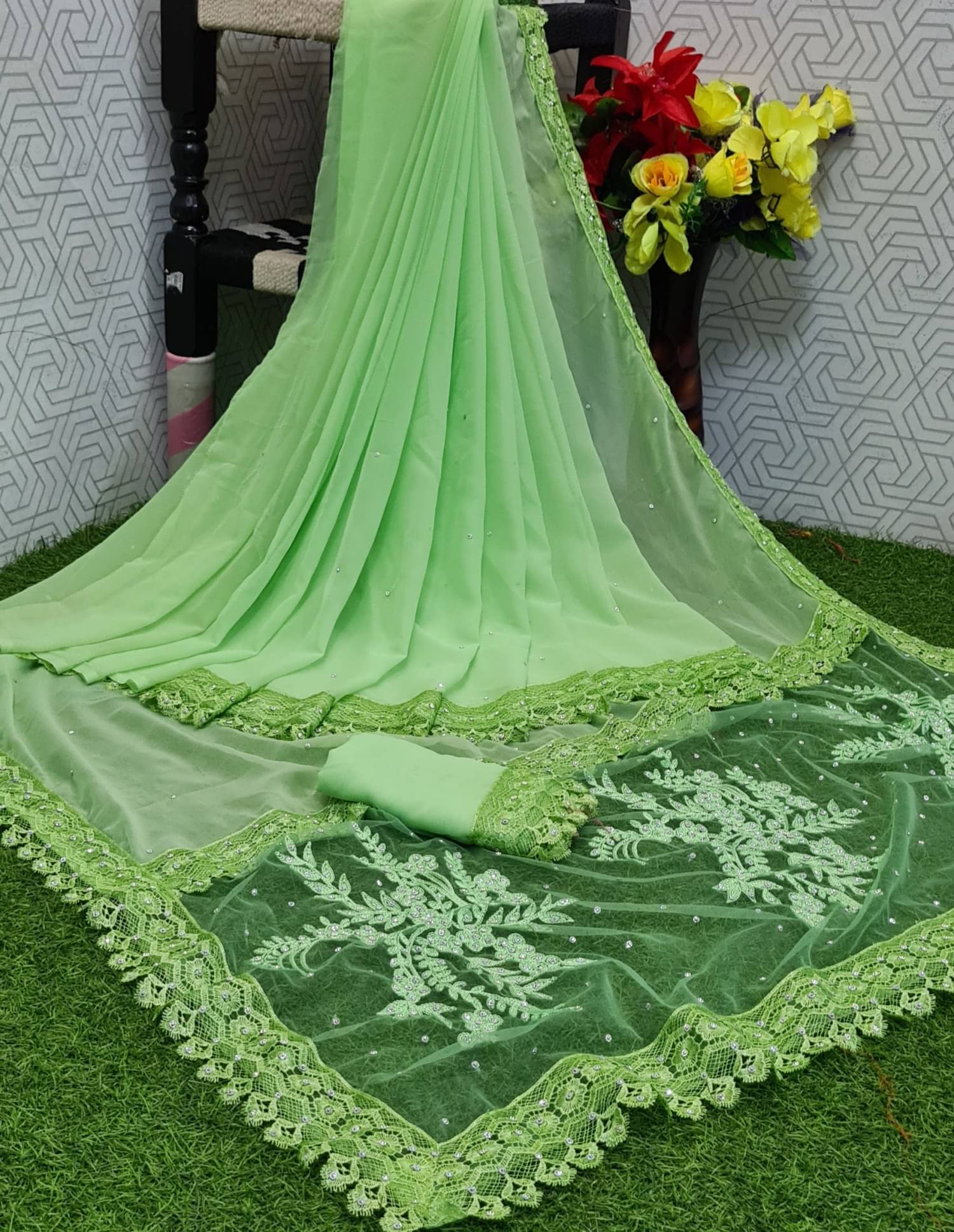 A TO Z CART Georgette Embellished Saree With Unstitched Blouse Piece ( Sea Green ) A TO Z CART Georgette Embellished Saree With Unstitched Blouse Piece ( Sea Green )