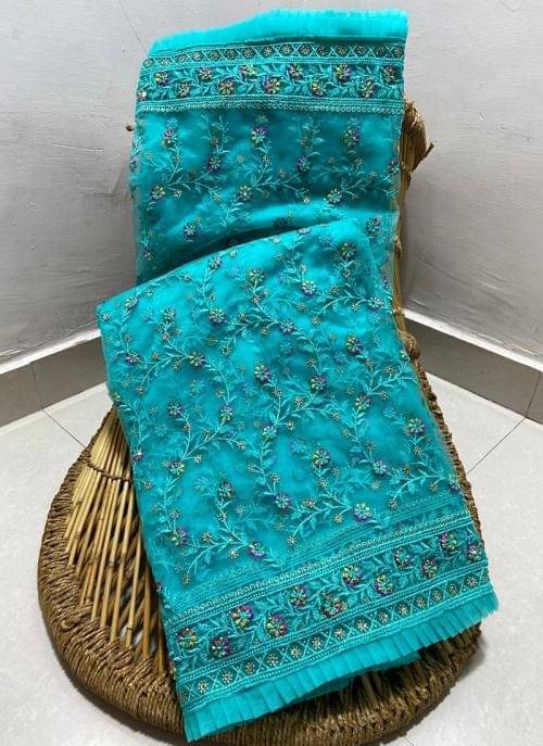 A TO Z CART Net Embellished Saree With Unstitched Blouse Piece ( SkyBlue ) A TO Z CART Net Embellished Saree With Unstitched Blouse Piece ( SkyBlue )