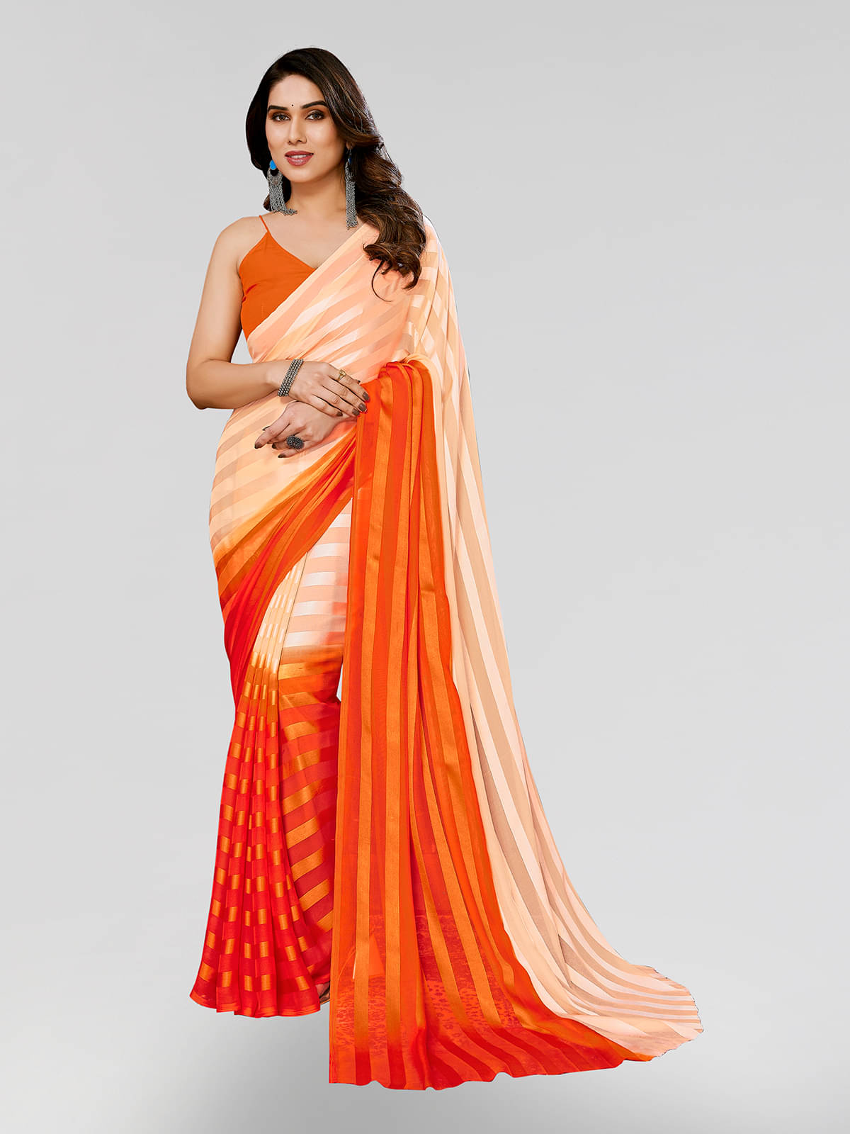     			ANAND SAREES Satin Striped Saree Without Blouse Piece ( Beige )