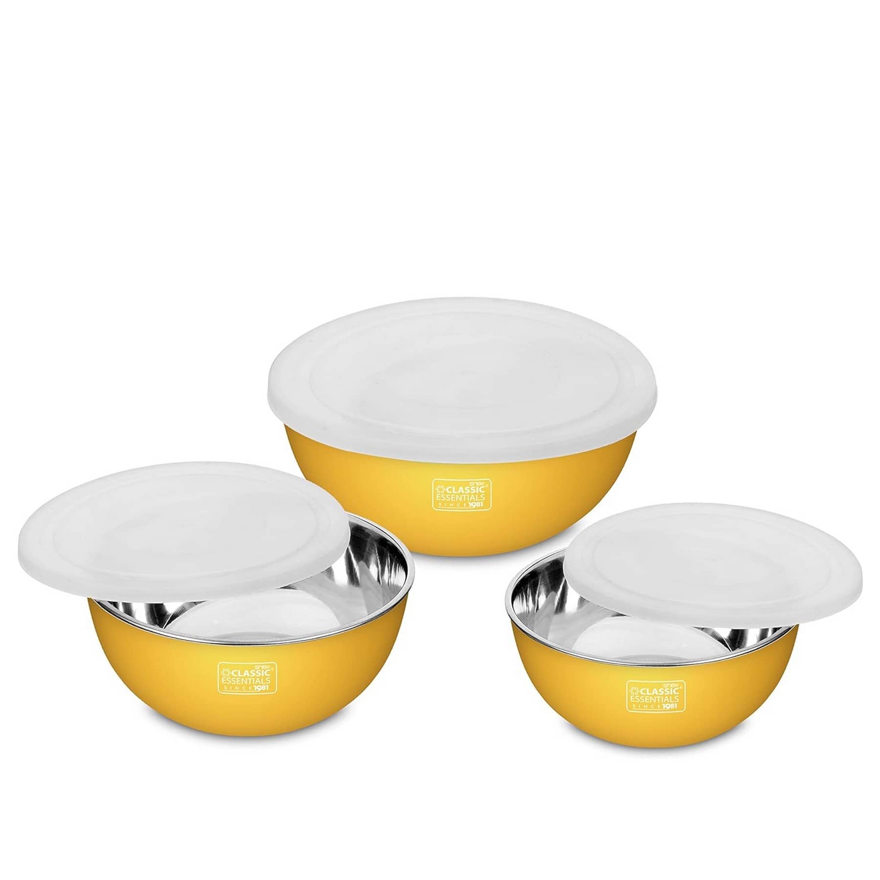 Classic Essentials Microwave Safe Bowls Steel Golden Yellow Food Container ( Set of 3 )