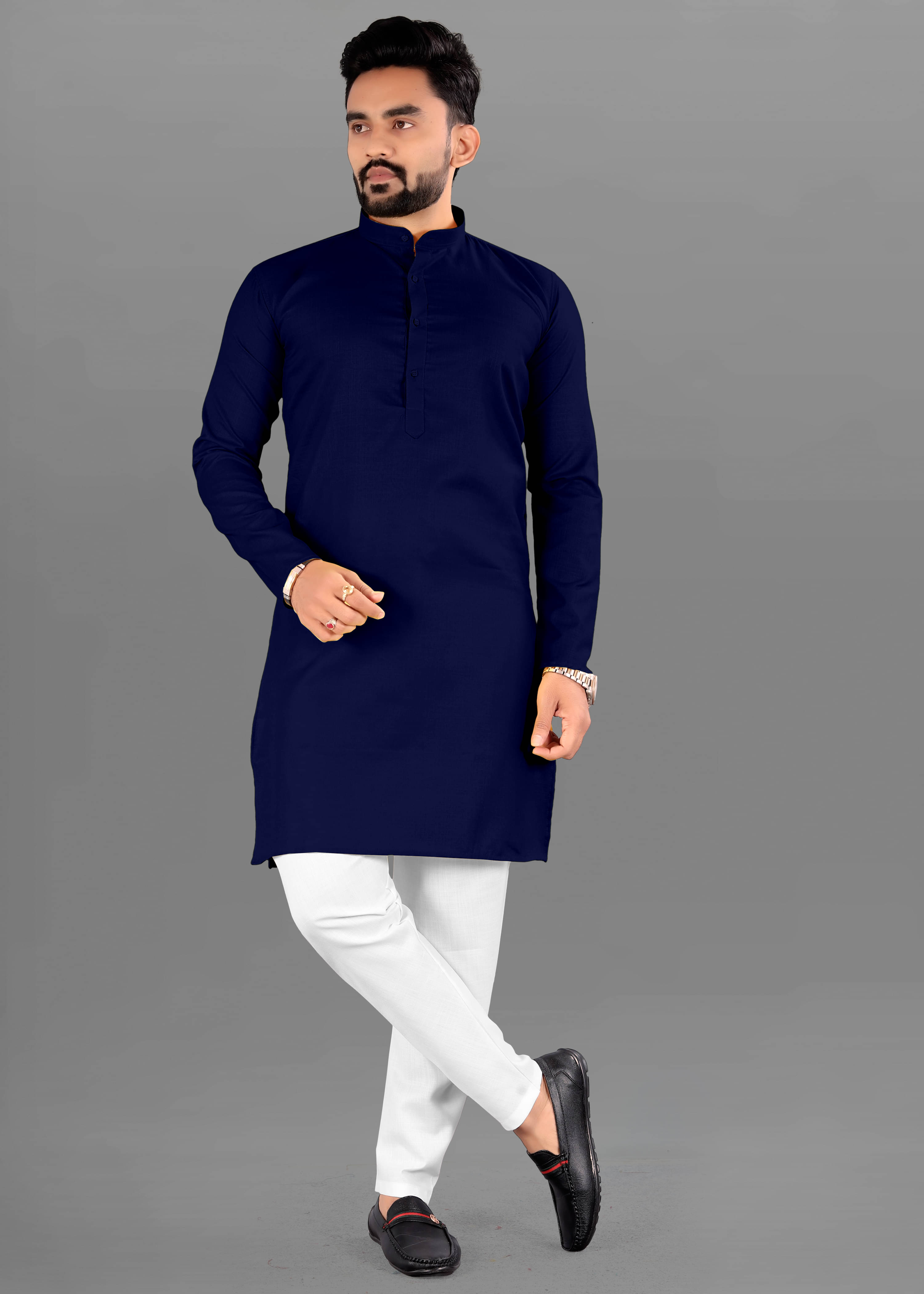     			FRELURO Navy Cotton Blend Men's Regular Kurta ( Pack of 1 )