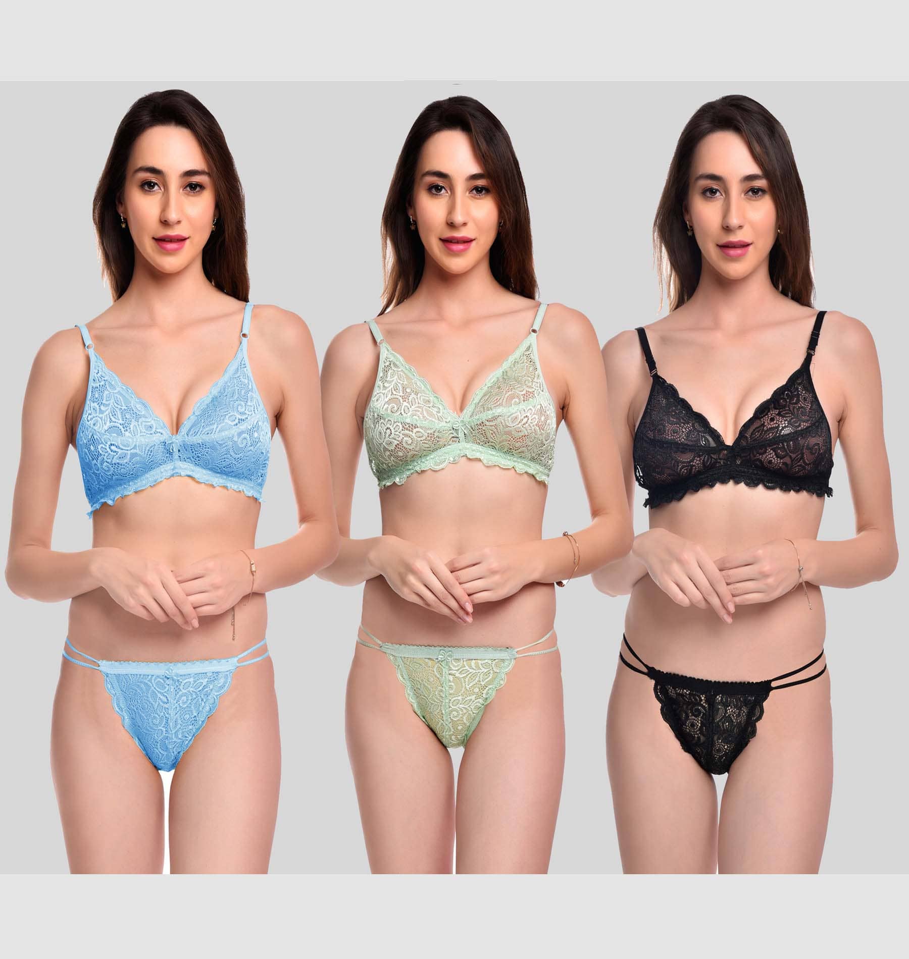 LadySoft Pack of 3 Lace Women's Bra & Panty Set ( Multicolor ) Bikni-Set