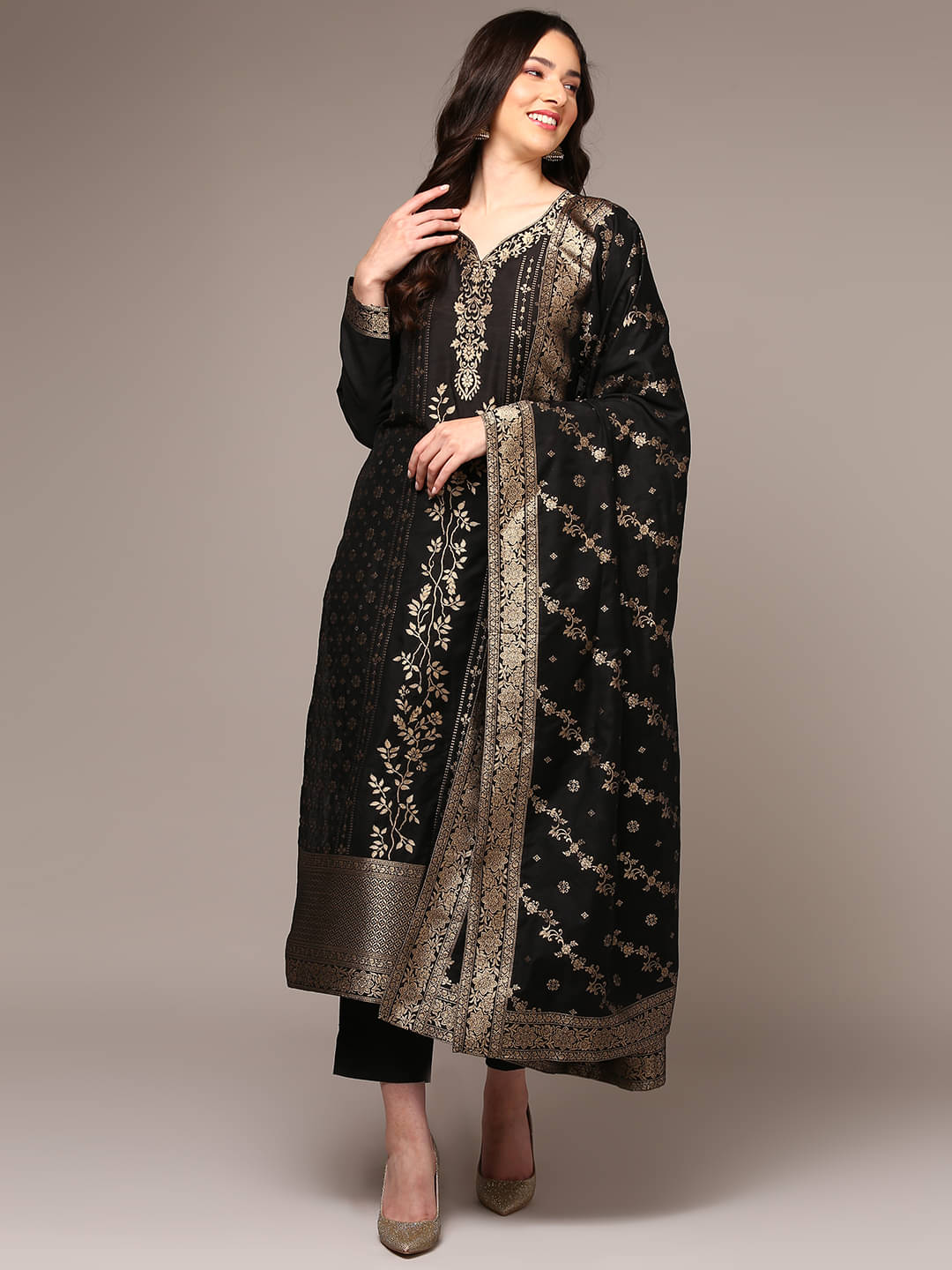 Vaamsi Chanderi Self Design Kurti With Pants Women's Stitched Salwar Suit - Black ( Pack of 1 ) Vaamsi Chanderi Self Design Kurti With Pants Women's Stitched Salwar Suit - Black ( Pack of 1 )
