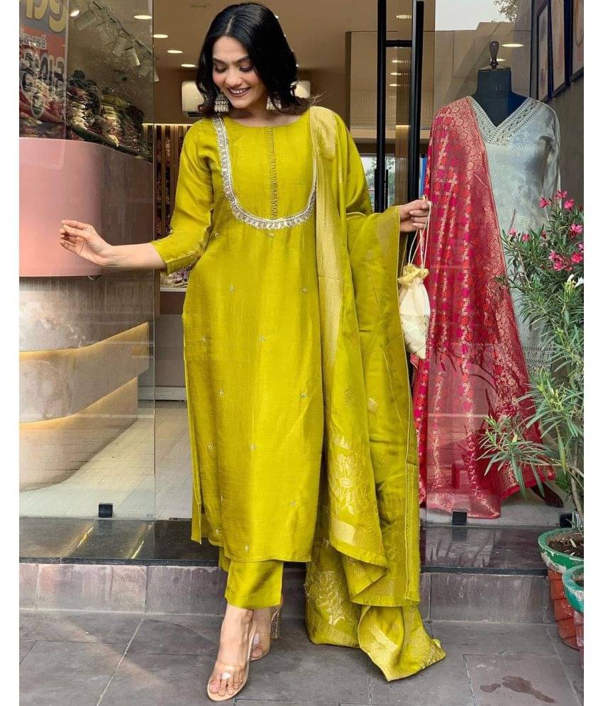     			shankhpushpi Silk Blend Embellished Kurti With Pants Women's Stitched Salwar Suit - Yellow ( Pack of 1 )