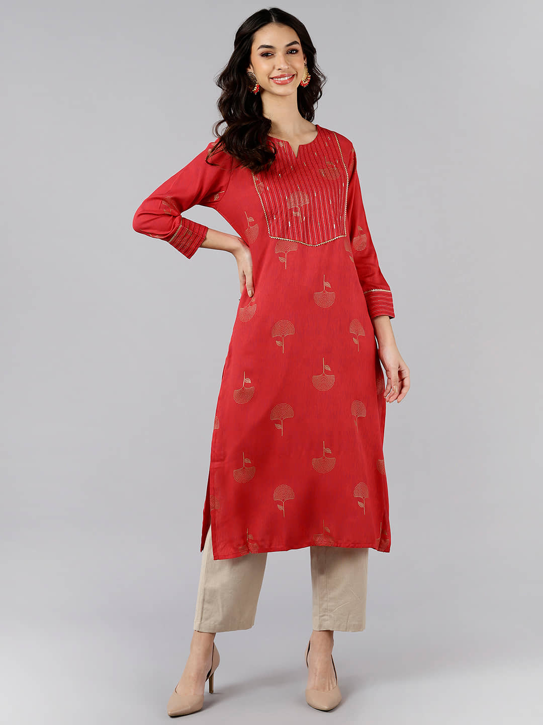 Vaamsi Cotton Embroidered Straight Women's Kurti - Red ( Pack of 1 ) - Kurtis, Tunics | Buy online on ZillyBuy