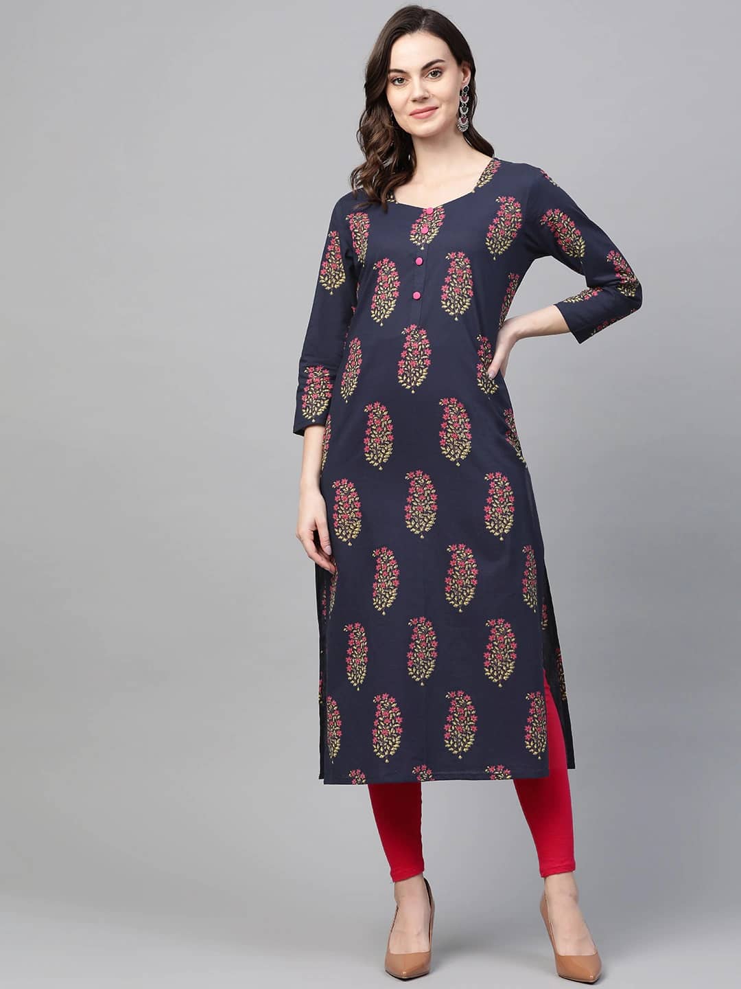 Vaamsi Cotton Printed Straight Women's Kurti - Navy Blue ( Pack of 1 ) - Kurtis, Tunics | Buy online on ZillyBuy