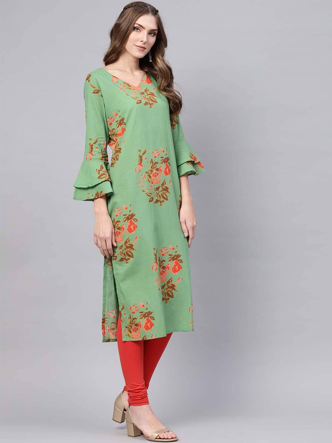     			Vaamsi Cotton Printed Straight Women's Kurti - Green ( Pack of 1 )