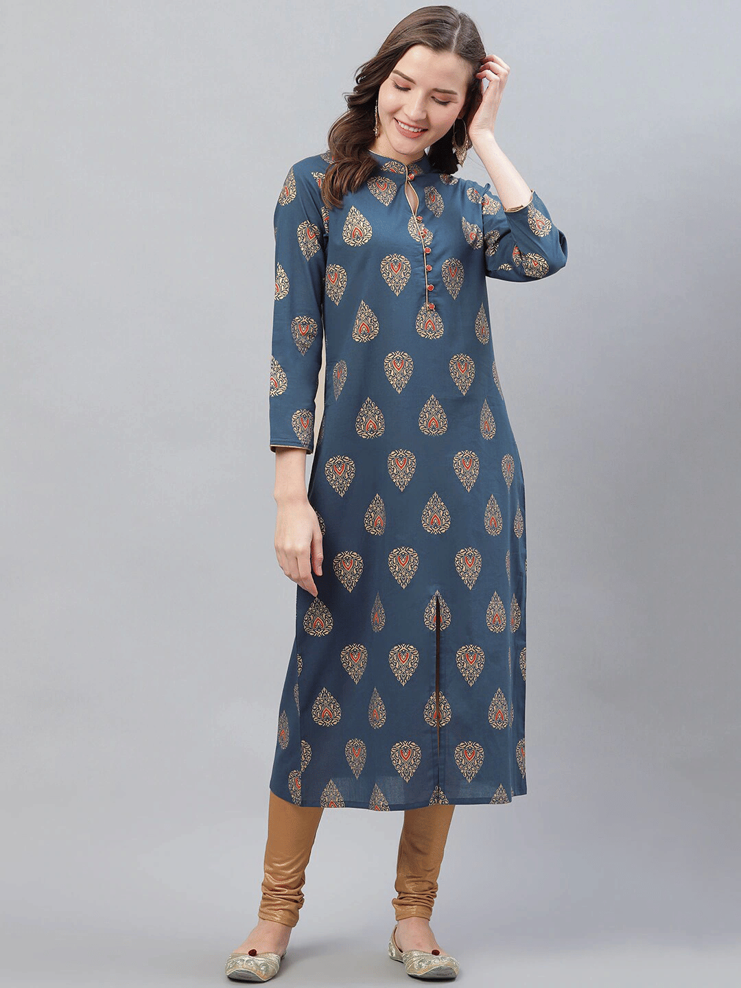 Vaamsi Cotton Printed Straight Women's Kurti - Navy Blue ( Pack of 1 ) - Kurtis, Tunics | Buy online on ZillyBuy