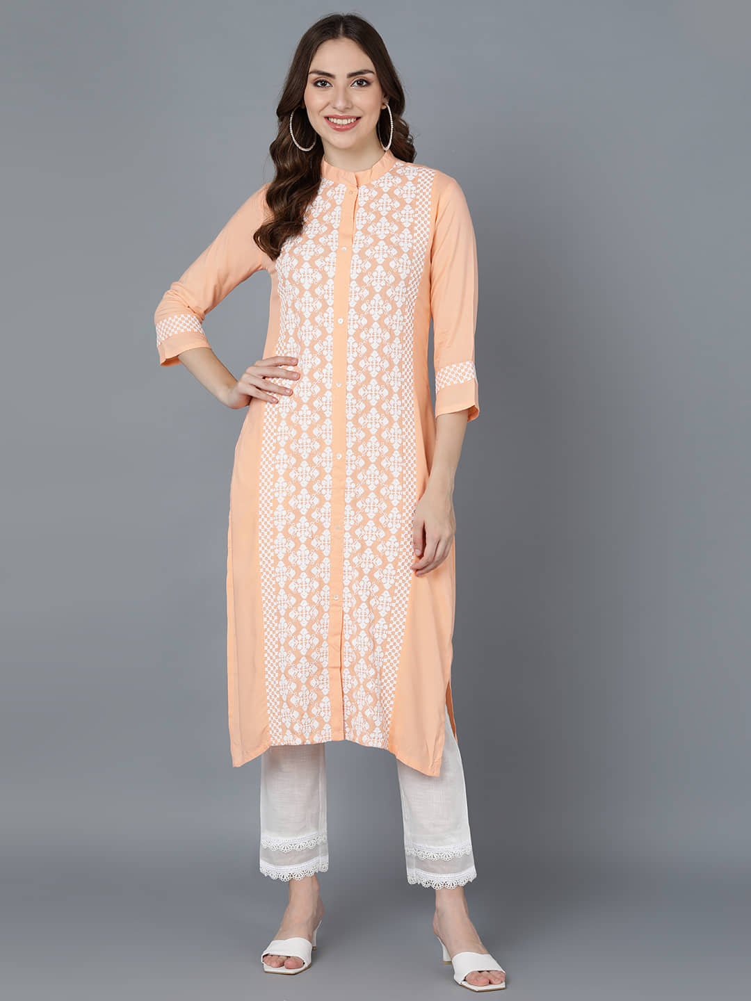 Vaamsi Polyester Embroidered Straight Women's Kurti - Peach ( Pack of 1 ) - Kurtis, Tunics | Buy online on ZillyBuy