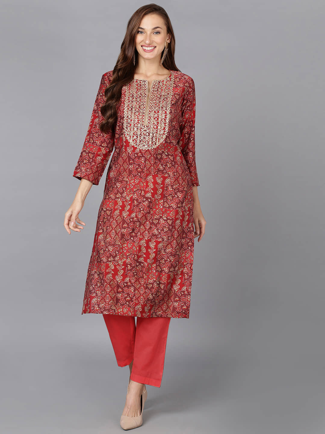 Vaamsi Silk Blend Embroidered Straight Women's Kurti - Red ( Pack of 1 ) - Kurtis, Tunics | Buy online on ZillyBuy