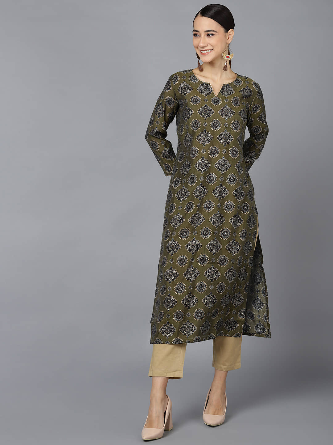 Vaamsi Silk Printed Straight Women's Kurti - Olive ( Pack of 1 ) - Kurtis, Tunics | Buy online on ZillyBuy