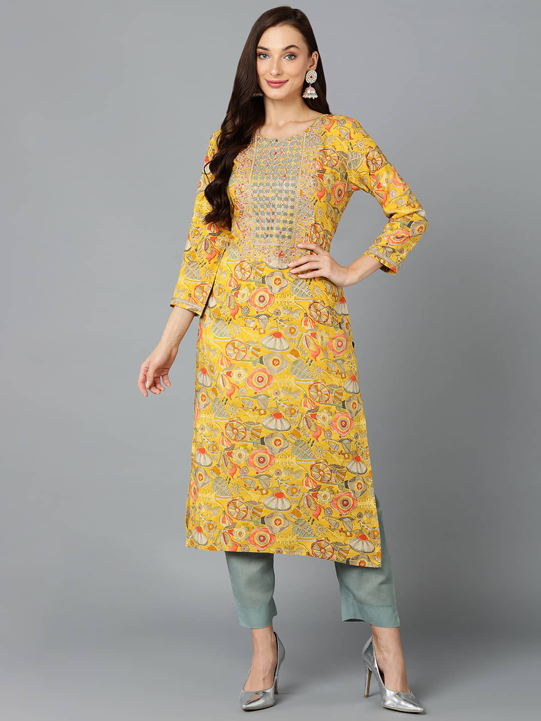 Vaamsi Viscose Embroidered Straight Women's Kurti - Yellow ( Pack of 1 ) - Kurtis, Tunics | Buy online on ZillyBuy