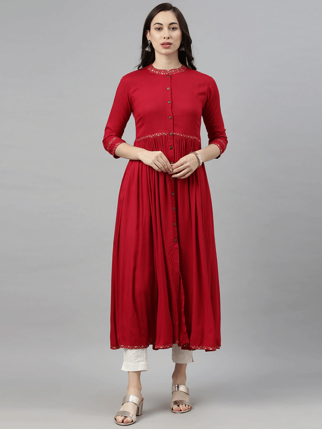 Vaamsi Viscose Printed A-line Women's Kurti - Red ( Pack of 1 )     			Vaamsi Viscose Printed A-line Women's Kurti - Red ( Pack of 1 )