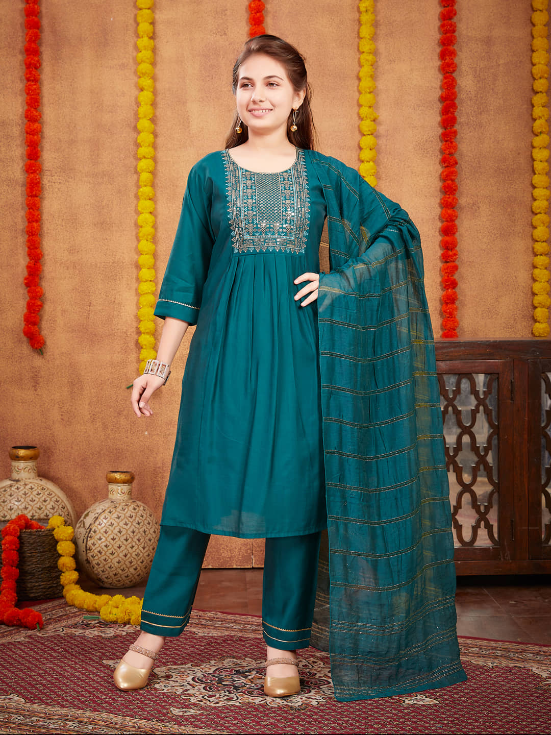 Aarika Girls Silk Kurta and Pant Set ( Pack of 1 , Dark Green )
