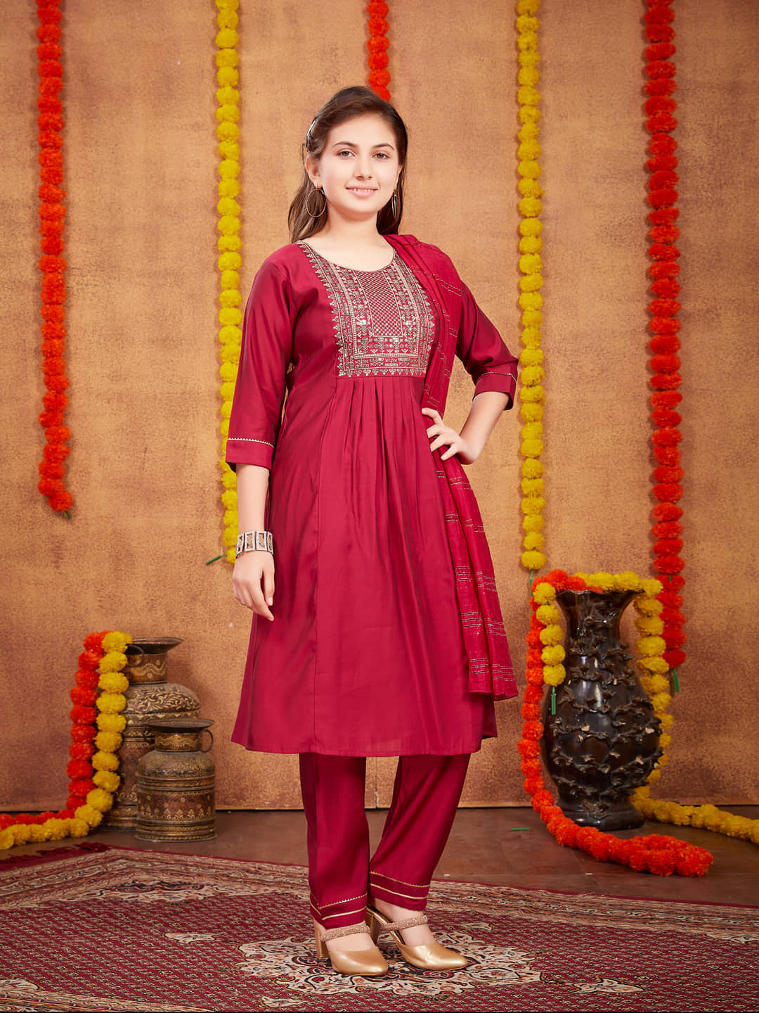 Aarika Girls Silk Kurta and Pant Set ( Pack of 1 , Maroon )