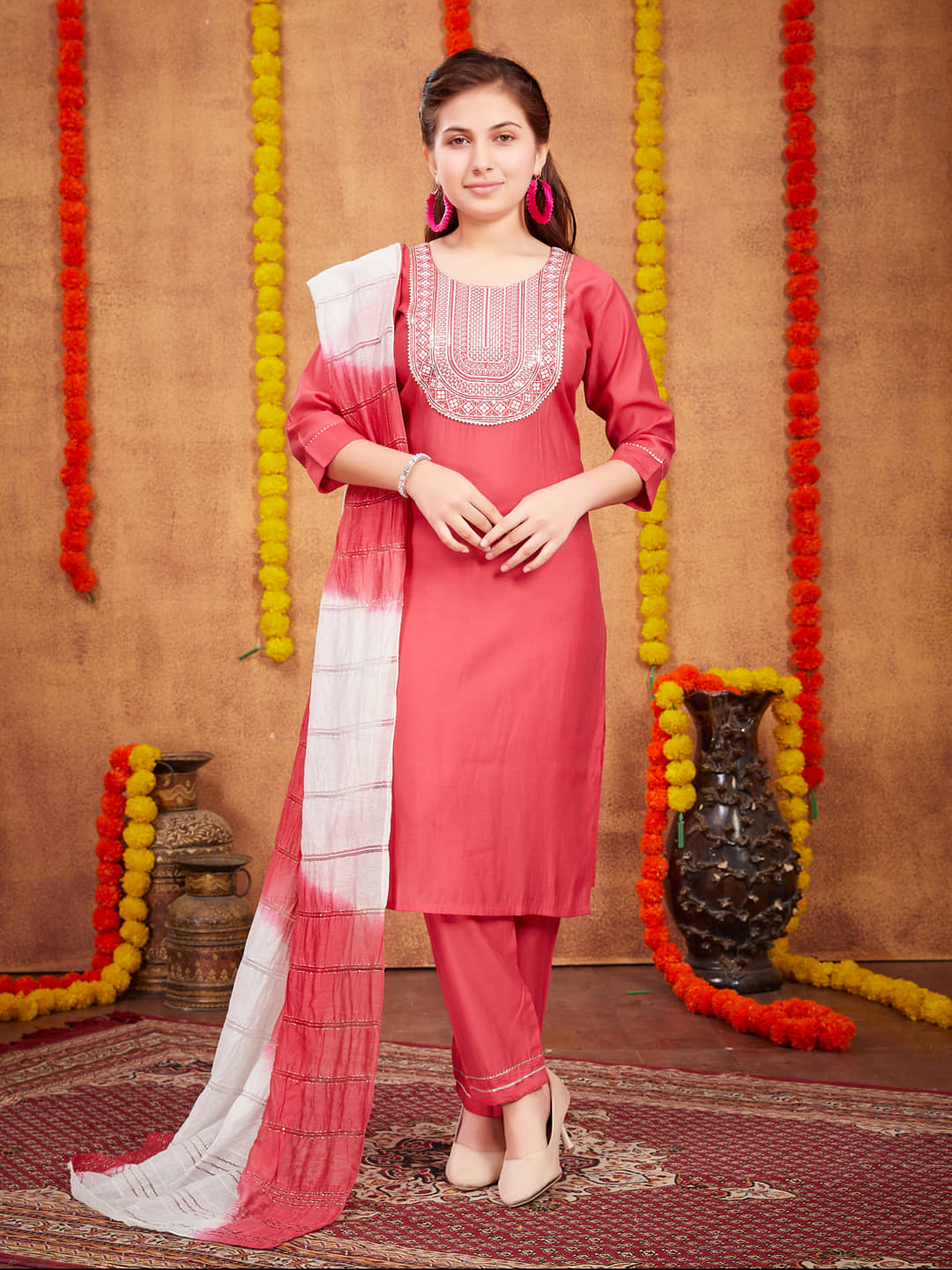 Aarika Girls Silk Kurta and Pant Set ( Pack of 1 , Red )