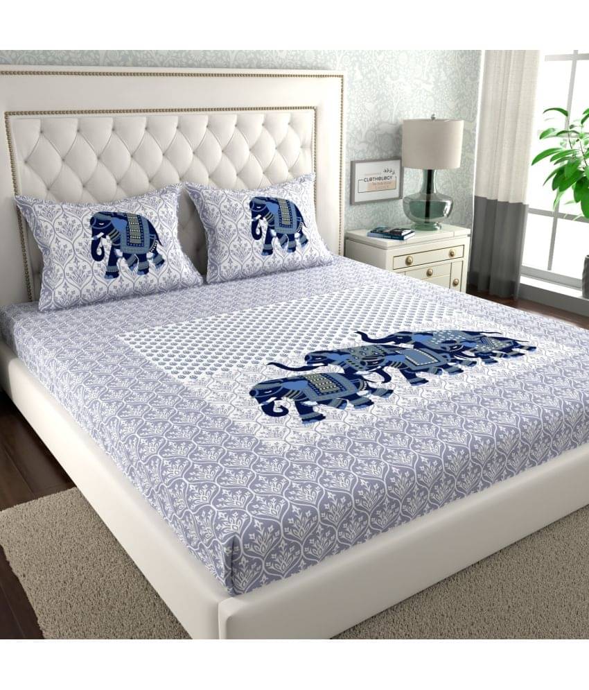     			CLOTHOLOGY Cotton 1 Double Bedsheet with 2 Pillow Covers ( Blue )