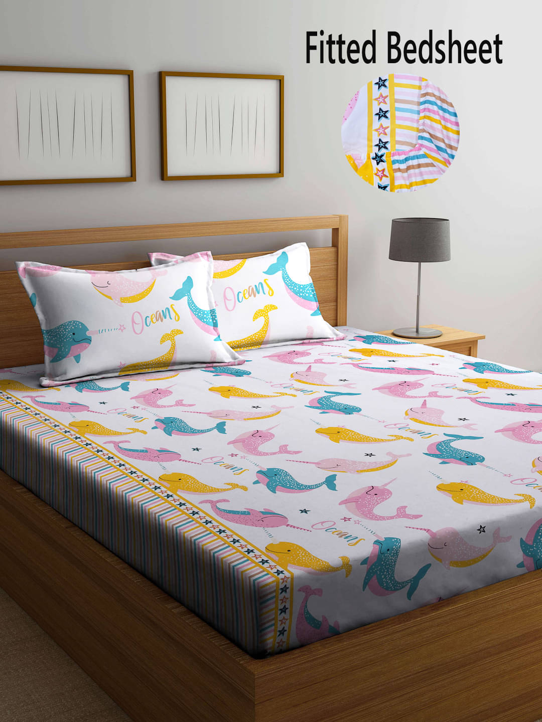     			FABINALIV Poly Cotton Animal Fitted Fitted bedsheet with 2 Pillow Covers ( Double Bed ) - White