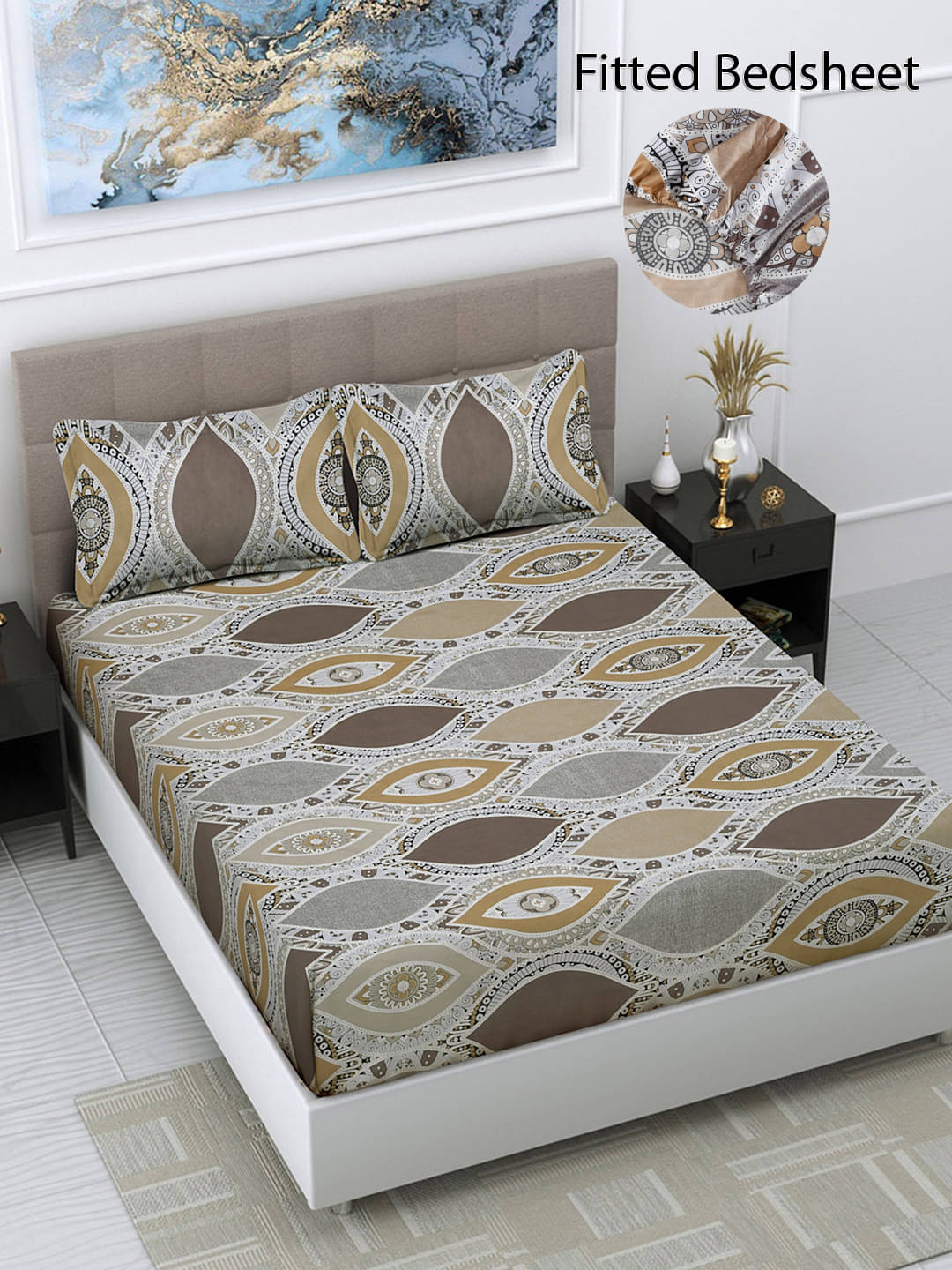     			FABINALIV Poly Cotton Ethnic Fitted Fitted bedsheet with 2 Pillow Covers ( Double Bed ) - Brown