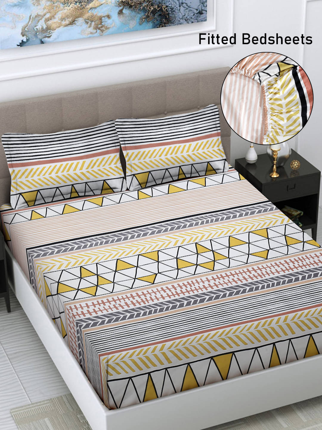     			FABINALIV Poly Cotton Horizontal Striped Fitted Fitted bedsheet with 2 Pillow Covers ( Double Bed ) - White