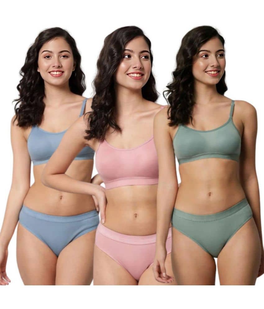 FVCO Pack of 3 Cotton Blend Women's Bra & Panty Set ( Multicolor ) Sports Bra