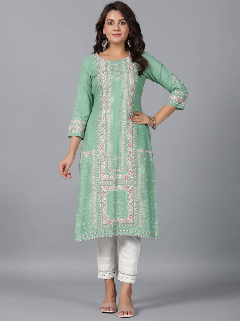     			Juniper Rayon Printed Straight Women's Kurti - Green ( Pack of 1 )