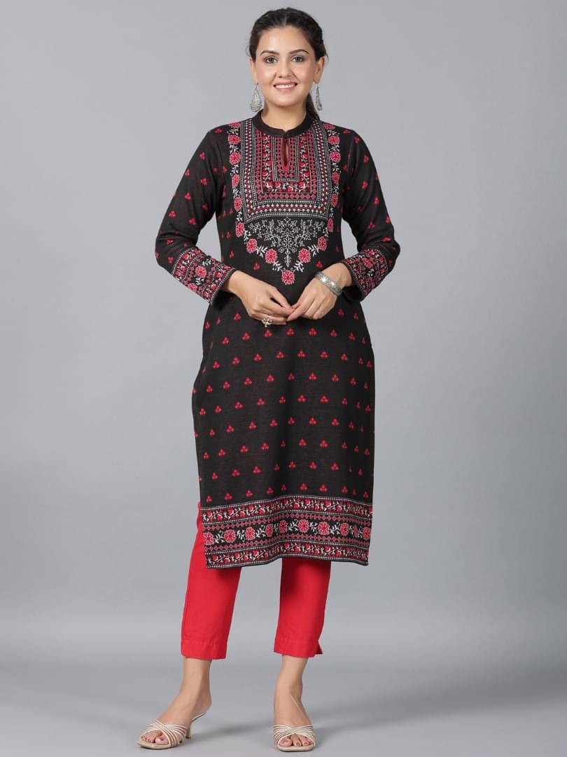     			Juniper Woollen Printed Straight Women's Kurti - Black ( Pack of 1 )