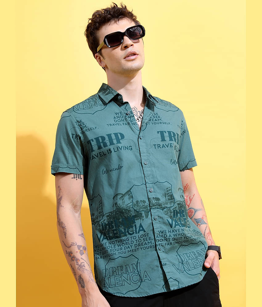 Ketch 100% Cotton Slim Fit Printed Half Sleeves Men's Casual Shirt - Green ( Pack of 1 )
