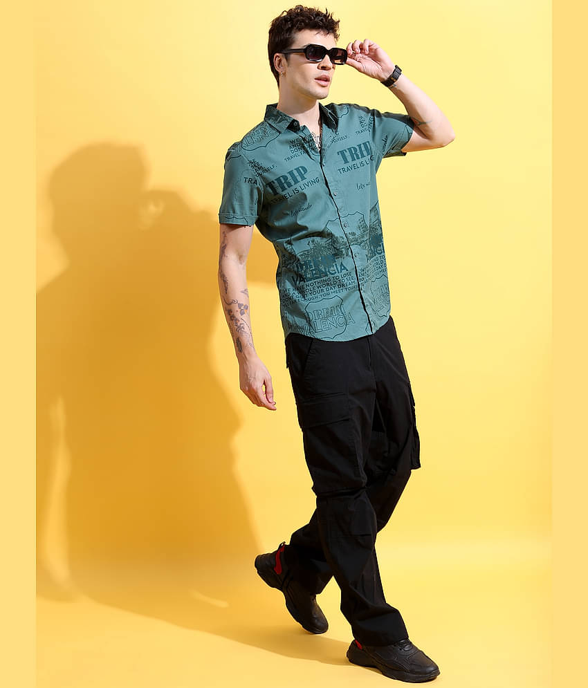 Ketch 100% Cotton Slim Fit Printed Half Sleeves Men's Casual Shirt - Green ( Pack of 1 )
