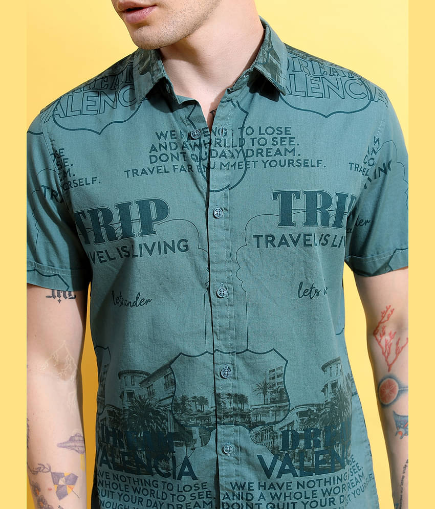 Ketch 100% Cotton Slim Fit Printed Half Sleeves Men's Casual Shirt - Green ( Pack of 1 )