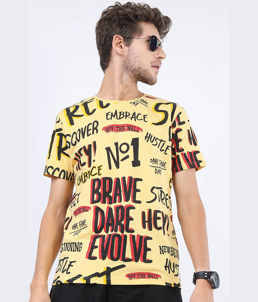 Ketch 100% Cotton Slim Fit Printed Half Sleeves Men's Round T-Shirt - Yellow ( Pack of 1 )