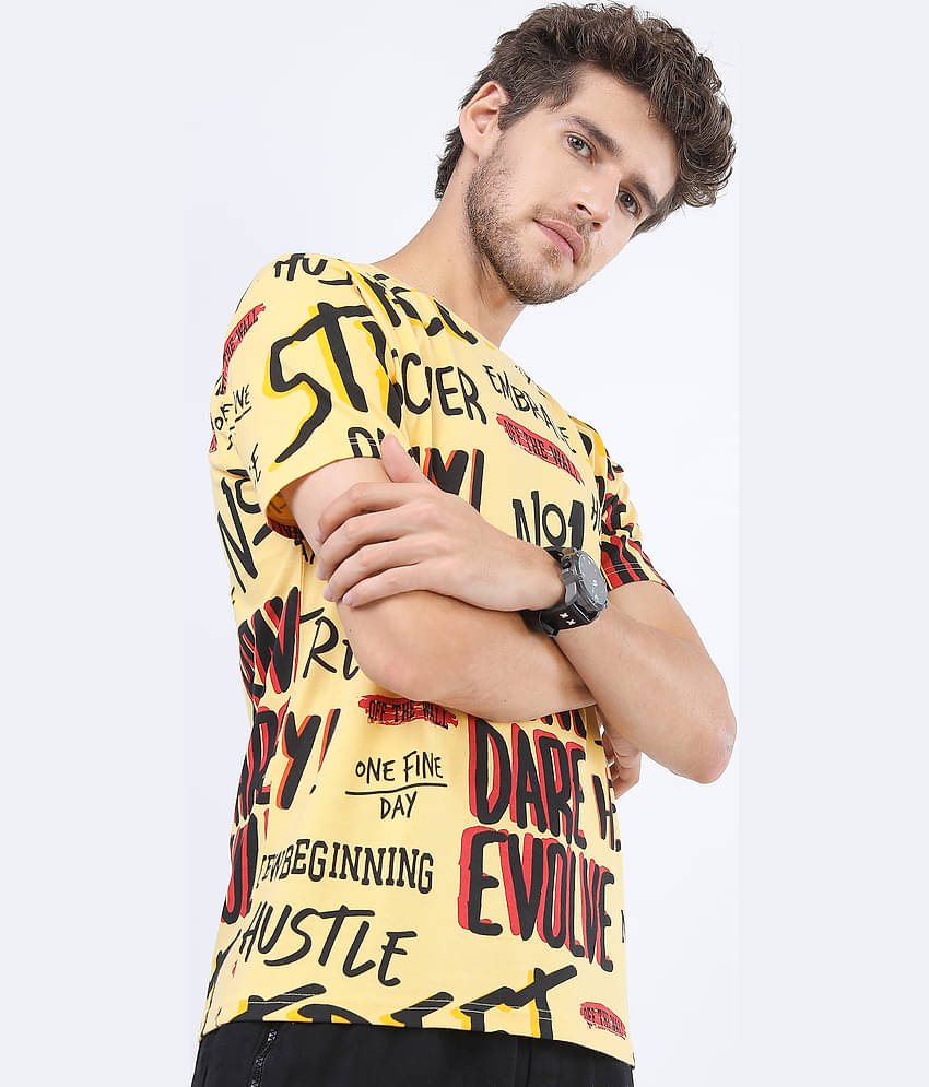 Ketch 100% Cotton Slim Fit Printed Half Sleeves Men's Round T-Shirt - Yellow ( Pack of 1 )