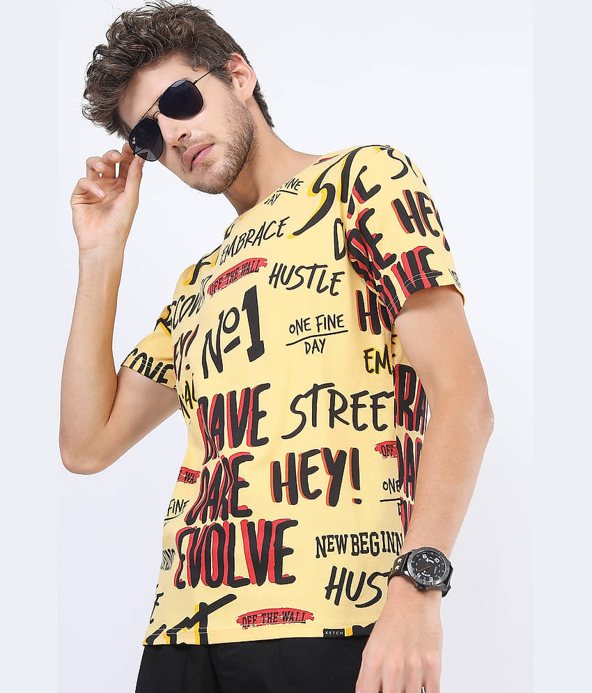 Ketch 100% Cotton Slim Fit Printed Half Sleeves Men's Round T-Shirt - Yellow ( Pack of 1 )